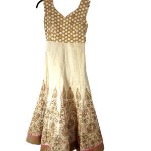 Indian Pakistani Ethnic Dress Tan Gold Pink Sleeveless M? Embroidered